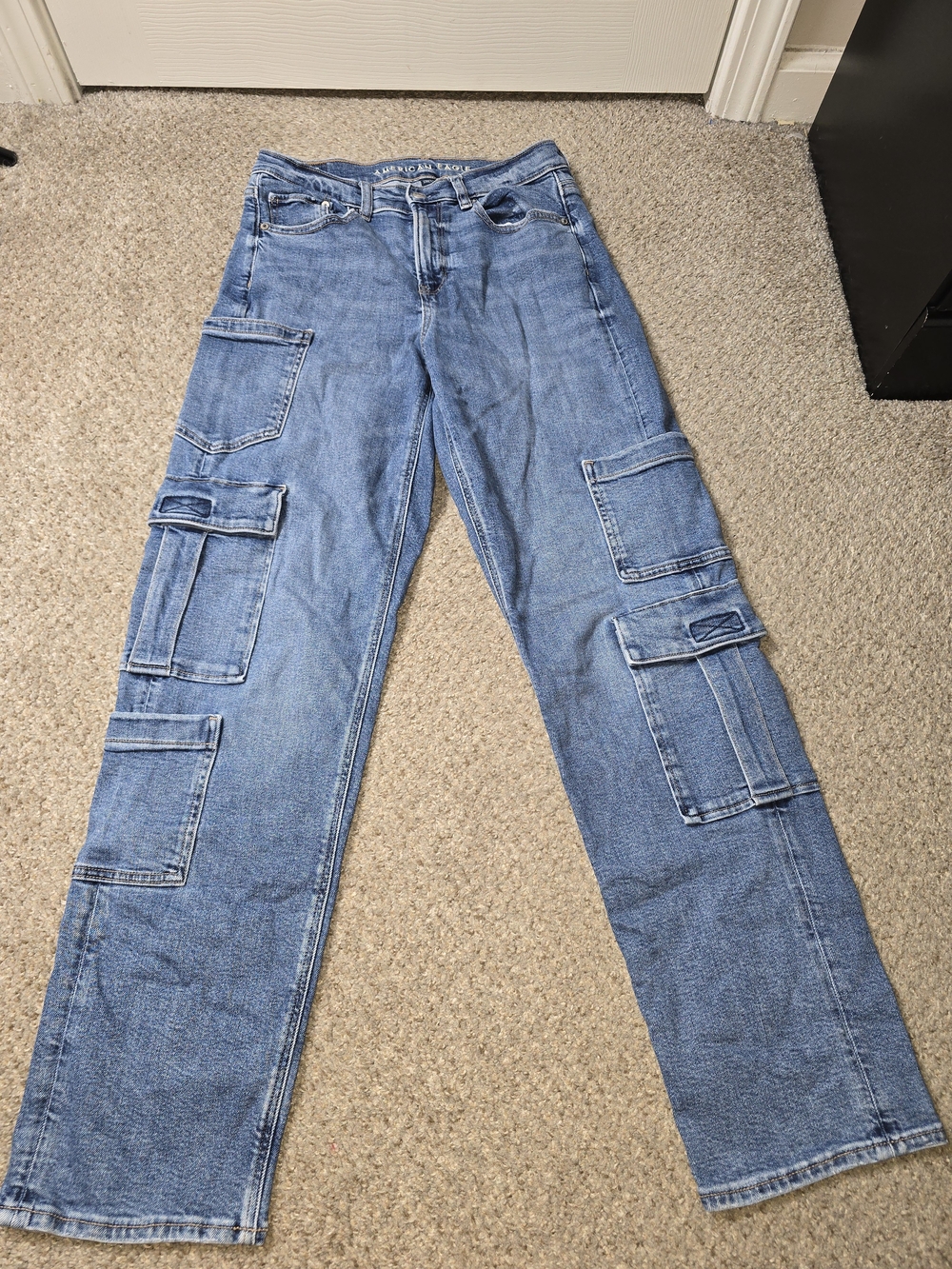 American Eagle High Rise Baggy Straight Blue Cargo Denim Jeans Size 4